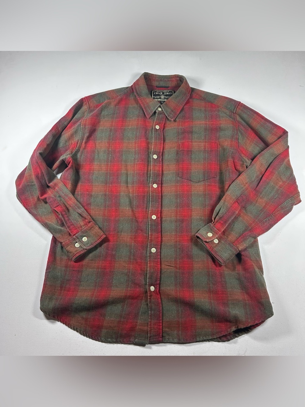 True Grit Western Shirt Mens XXL Green Red Plaid Flannel %100 Cotton Long Sleeve